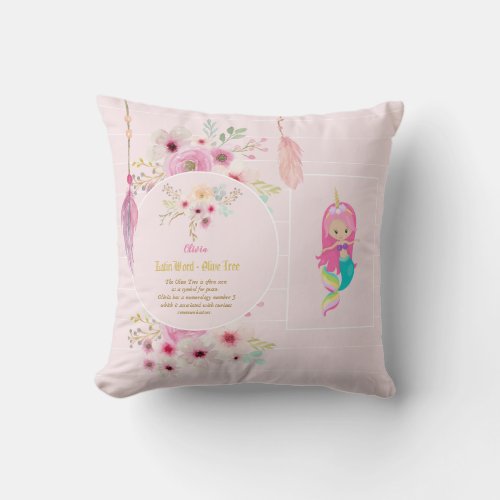 OLIVIA _ Girls Name Meaning Gift _ Mermaid Unicorn Throw Pillow