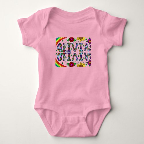 Olivia Girls Name Whimsical Folk Art   Baby Bodysuit