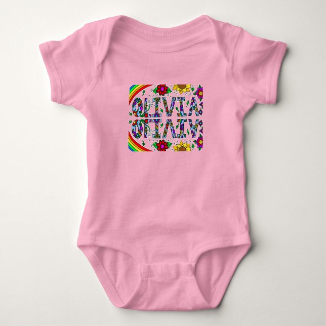 Olivia, Girl's Name Whimsical Folk Art   Baby Bodysuit (Front)