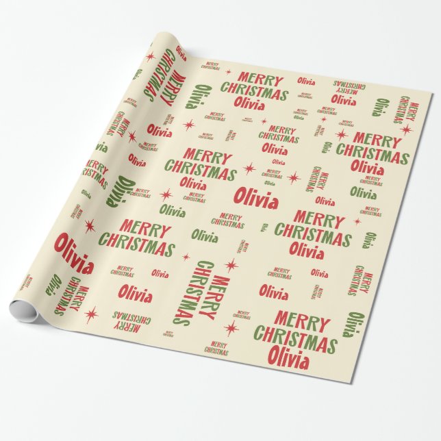 Olivia Merry Christmas Retro Personalized Name Wrapping Paper (Unrolled)