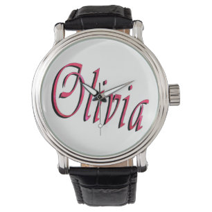 Olivia, Name, Logo, Large Black Leather Watch. Watch