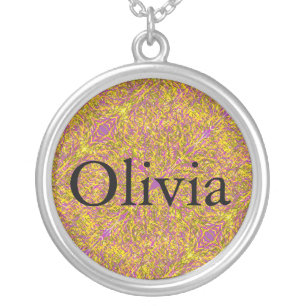 Olivia name on abstract art background indian patt silver plated necklace