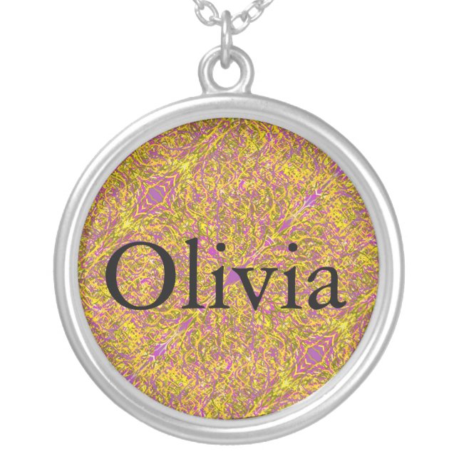 Olivia name on abstract art background indian patt silver plated necklace (Front)