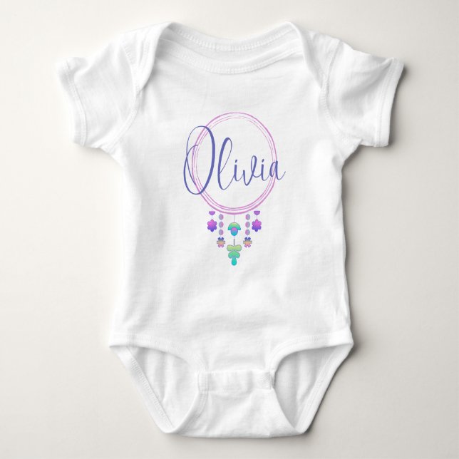Olivia Name Reveal Girl Whimsical Cute Hippy Boho  Baby Bodysuit (Front)