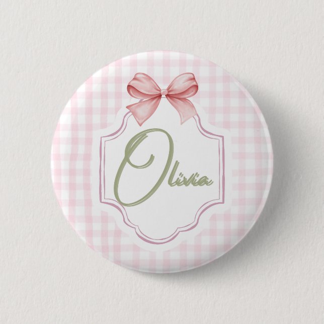 Olivia Personalized Pink Bow & Gingham Print  Button (Front)