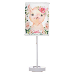 Olivia Pigsley Cute Pig with Blush Roses   Nursery Table Lamp