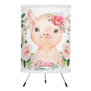 Olivia Pigsley Cute Pig with Blush Roses Nursery Tripod Lamp