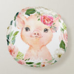Olivia Pigsley Pig  with Blush Pink Floral Wreath Round Pillow