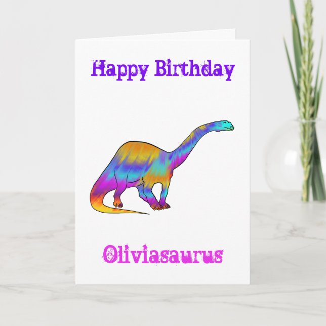 Olivia saurus Colourful Brontosaurus Dinosaur Art Holiday Card (Front)