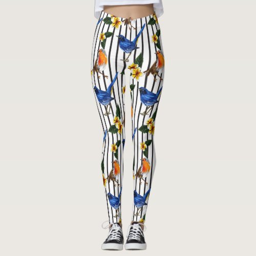 olorful finch birds and tropical flowers  leggings