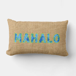Olowalu Hibiscus Blue Hawaiian Camo Mahalo Word Lumbar Pillow