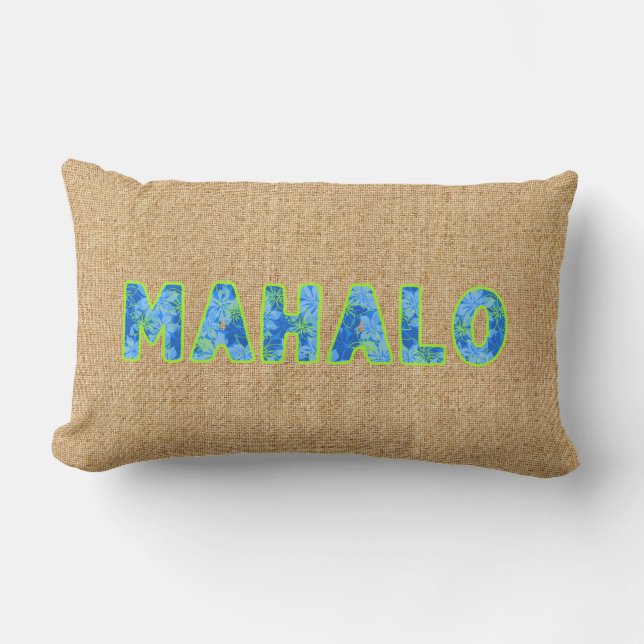 Olowalu Hibiscus Blue Hawaiian Camo Mahalo Word Lumbar Pillow (Front)
