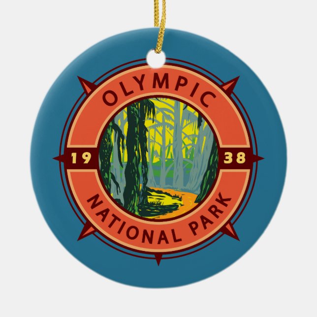 Olympic National Park Hoh Rainforest Retro Compass Ceramic Ornament (Front)