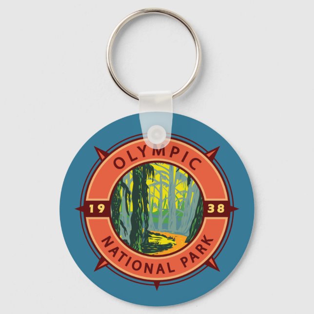 Olympic National Park Hoh Rainforest Retro Compass Keychain (Front)