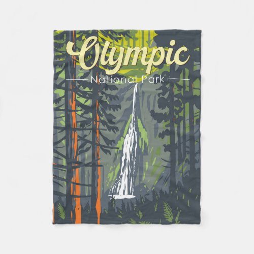 Olympic National Park Illustration Retro Fleece Blanket