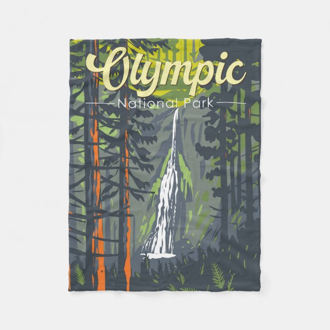 Olympic National Park Illustration Retro Fleece Blanket (Front)