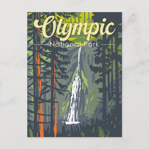 Olympic National Park Illustration Retro Postcard