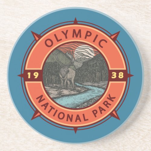 Olympic National Park Roosevelt Elk Retro Compass Coaster