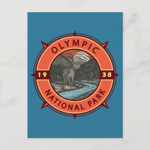 Olympic National Park Roosevelt Elk Retro Compass Postcard