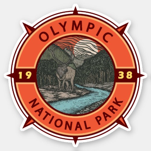 Olympic National Park Roosevelt Elk Retro Compass Sticker
