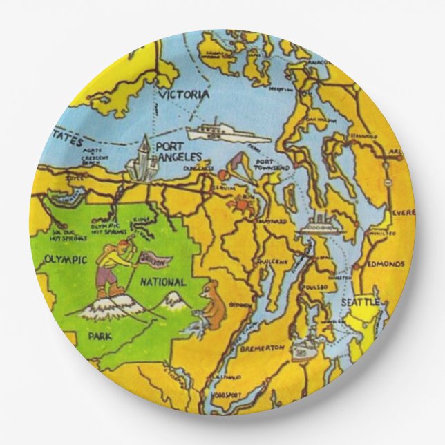 Olympic Peninsula Map Paper Plates (Front)