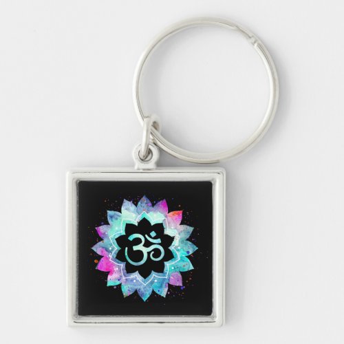  OM AUM Symbol Lotus Watercolor  Mandala Keychain