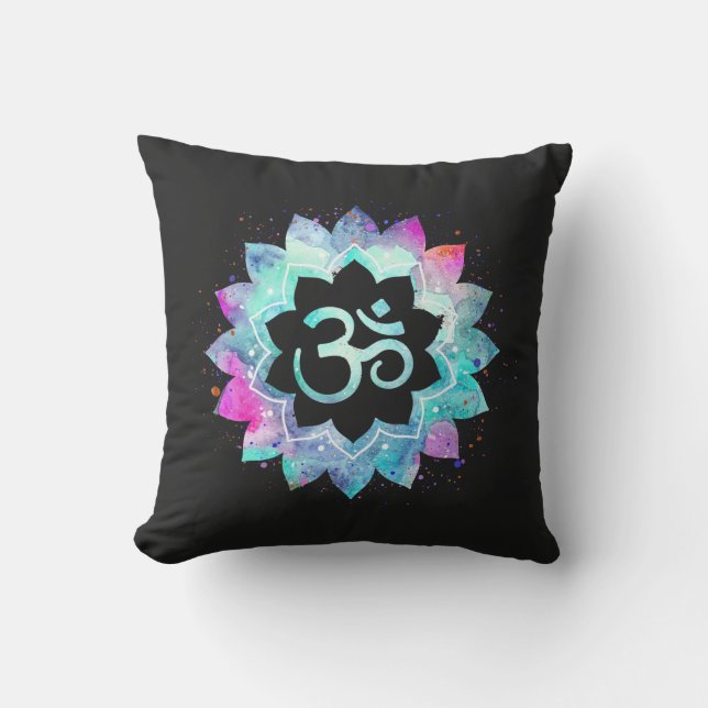 *~* Om Aum Turquoise Blue Magenta Black Outdoor Outdoor Pillow (Front)