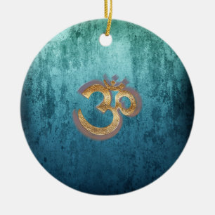OM blue brass gold damask Asia Yoga Spiritualität Ceramic Ornament