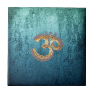 OM blue brass gold damask Asia Yoga Spiritualität Ceramic Tile