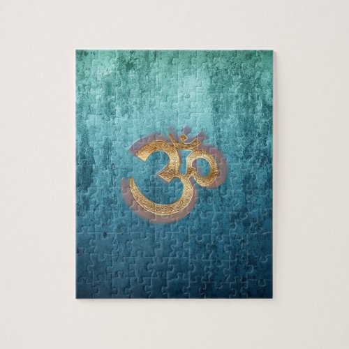 OM blue brass gold damask Asia Yoga Spiritualitt Jigsaw Puzzle