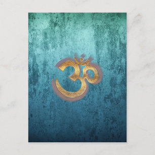 OM blue brass gold damask Asia Yoga Spiritualität Postcard