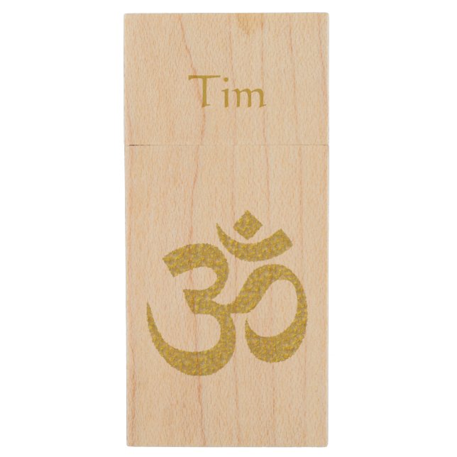 Om Buddhist Symbol Golden paste W USB Wood Flash Drive (Front Vertical)