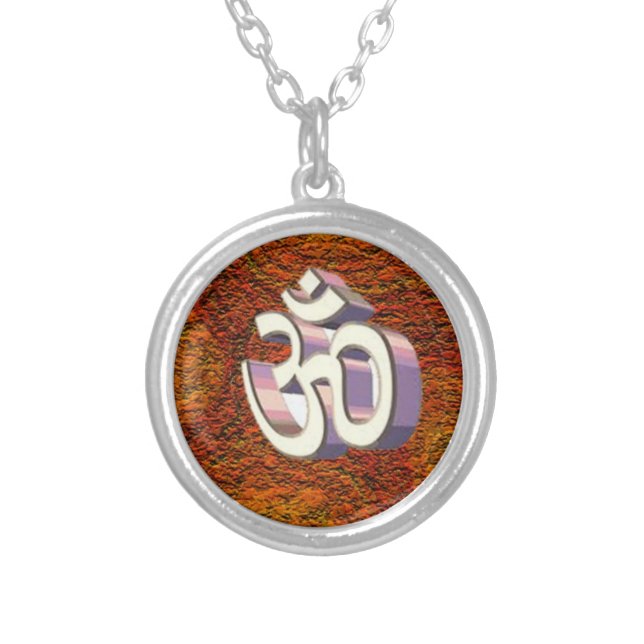 Om Chain Necklace, Hindu Symbol of Peace Silver Plated Necklace (Front)