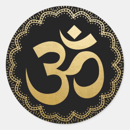 Om HIndu Meditation Symbol Yoga Faux Gold Black Classic Round Sticker