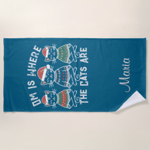 Om Is Where the Cats Are Festive Holiday Beach Towel