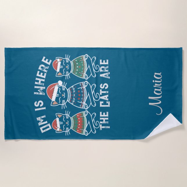 Om Is Where the Cats Are Festive Holiday Beach Towel (Front)