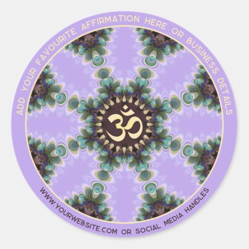 OM Lilac Purple Peacock Feathers with Arched Text Classic Round Sticker