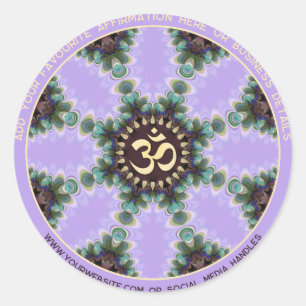 OM Lilac Purple Peacock Feathers with Arched Text Classic Round Sticker
