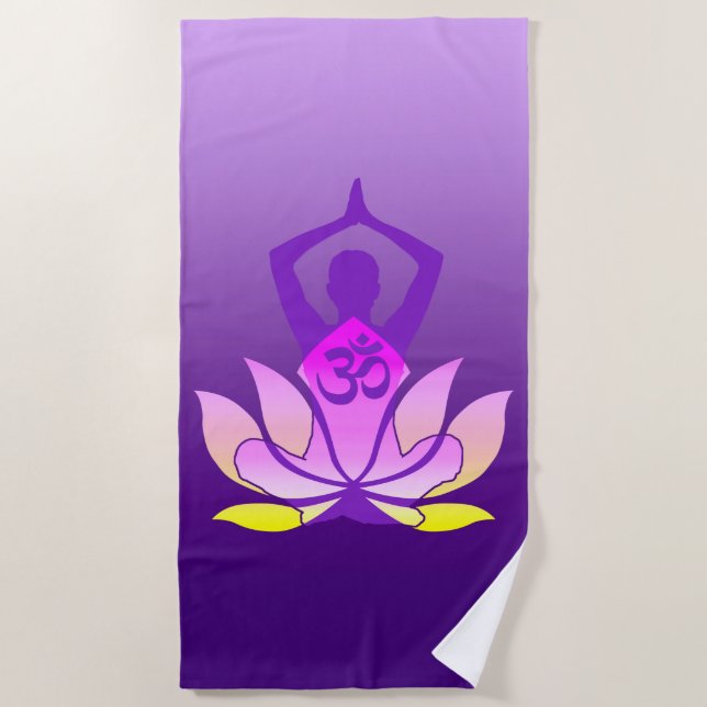 Om Lotus Flower Yoga Pose on Purple Gradient Beach Towel (Front)