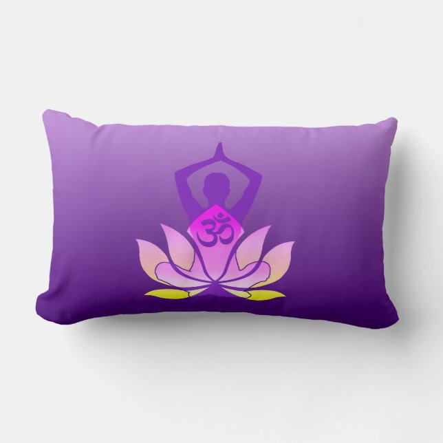 Om Lotus Flower Yoga Pose on Purple Gradient Lumbar Pillow (Front)