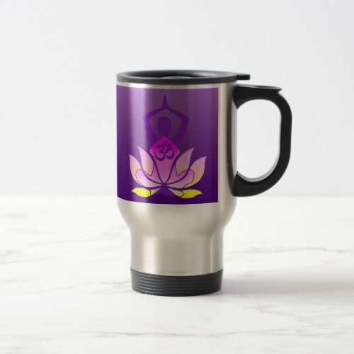 Om Lotus Flower Yoga Pose on Purple Gradient Travel Mug