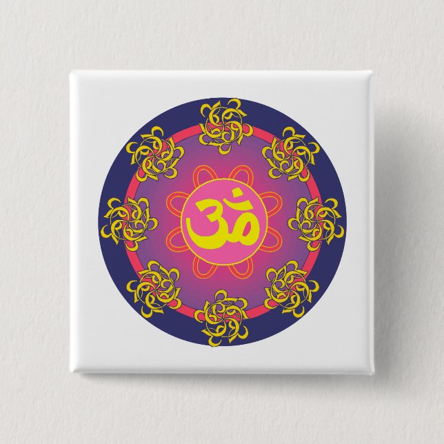 Om Mandala Blue Border Button (Front)