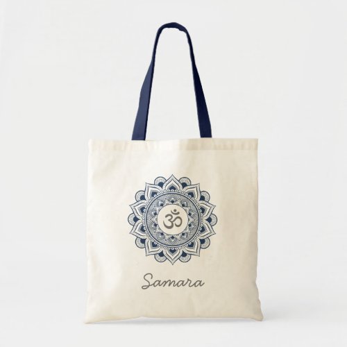 Om Mandala Lotus Name Navy Blue Yoga Yogi Lady Eco Tote Bag