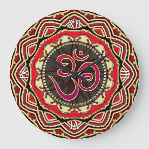 OM Meditation Yoga Red Gold Mandala Wall Clock