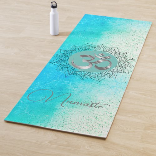 OM Namaste Lotus Mandala on Speckled Turquoise  Yoga Mat