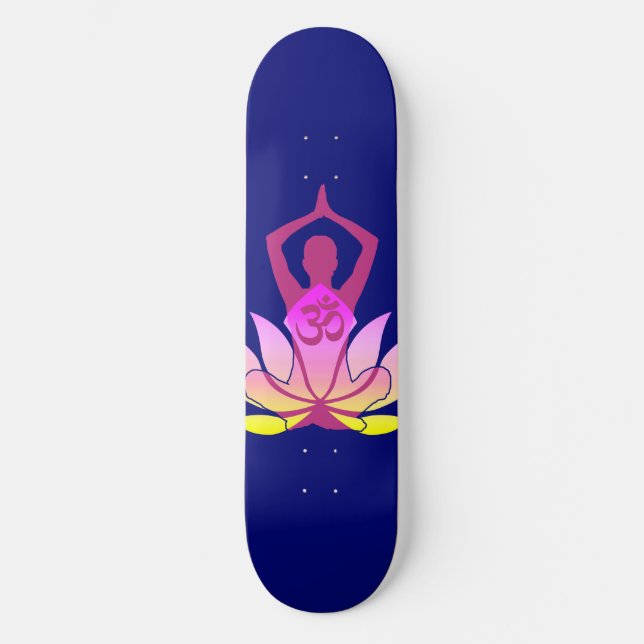 OM Namaste Spiritual Lotus Flower Yoga on Blue Skateboard Deck (Front)