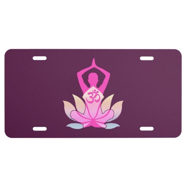 OM Namaste Spiritual Lotus Flower Yoga on Plum License Plate (Front)