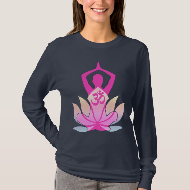 OM Namaste Spiritual Lotus Flower Yoga on Purple T-Shirt (Front)
