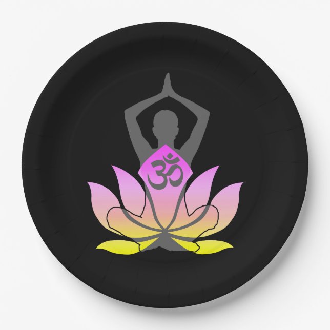 OM Namaste Spiritual Lotus Flower Yoga Pose Paper Plates (Front)
