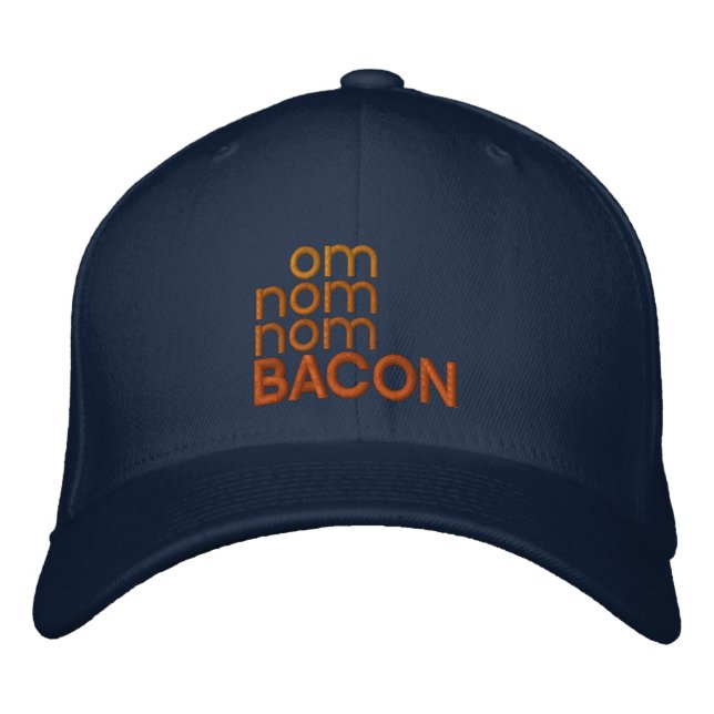 OM NOM NOM BACON EMBROIDERED BASEBALL CAP (Front)